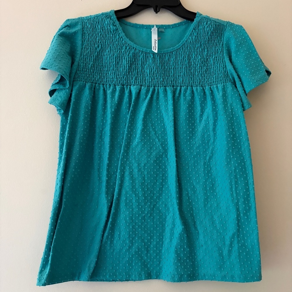 NY Collection Petite Turquoise Swiss Dot Flutter Sleeve Top PXL NWOT